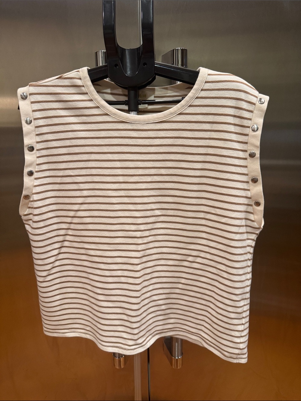 Anthropologie Cream and Tan Striped Button-Shoulder Long Sleeve Top - Picture 9 of 12